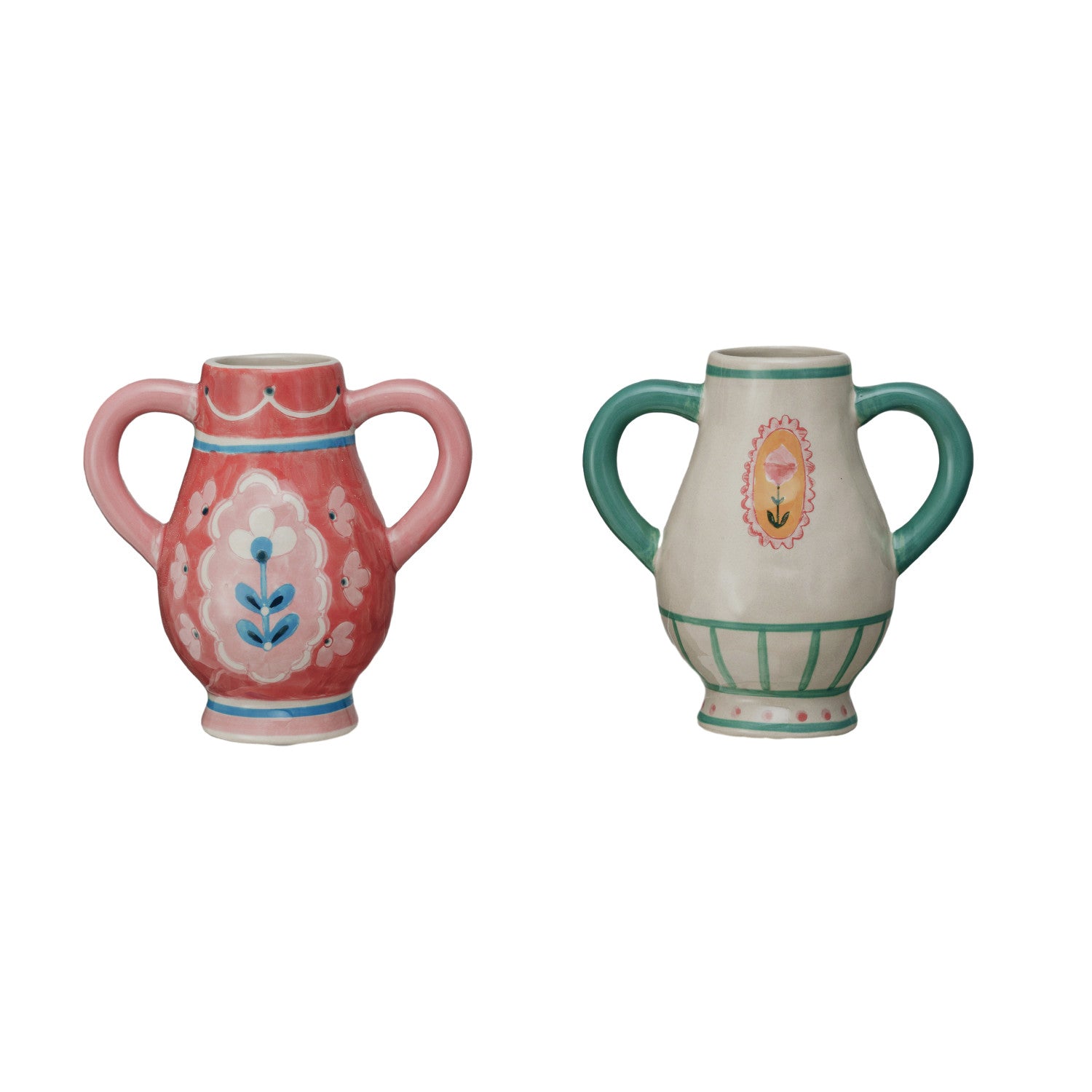 Hand-Painted Stoneware Urn w/ Flower & Handles, 2 Styles ©