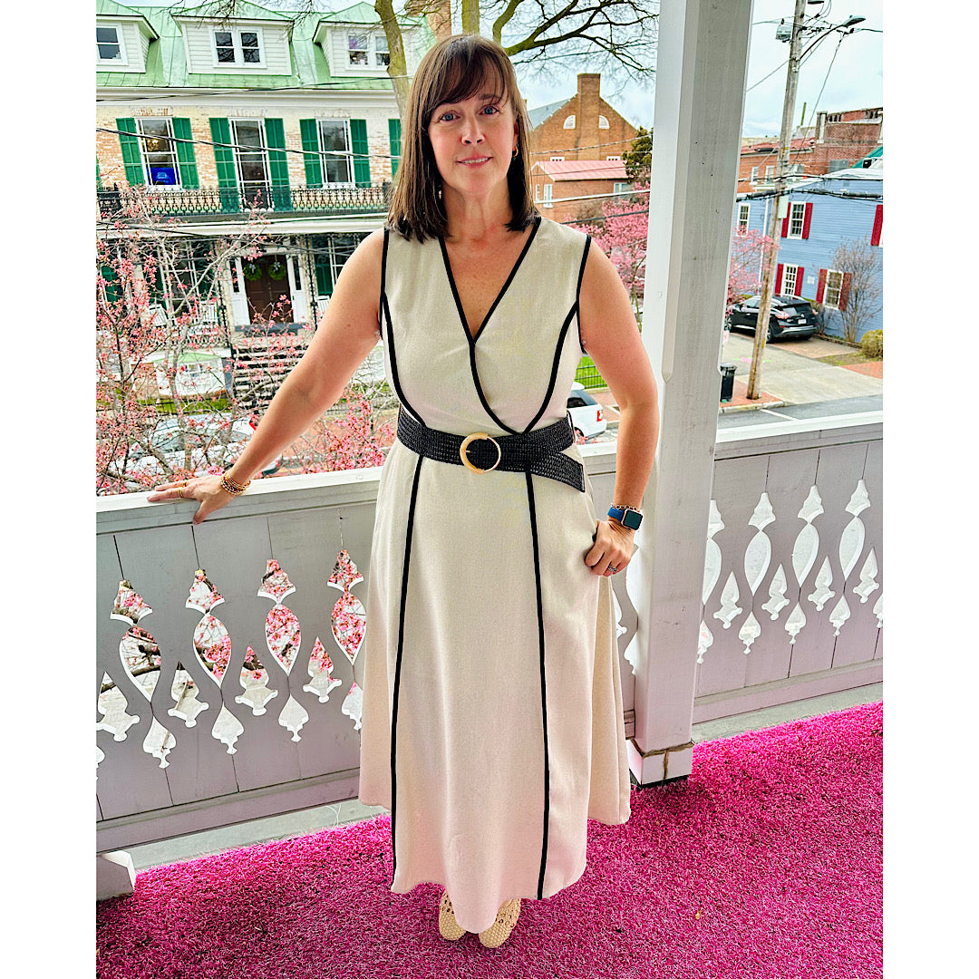 Natural Sleeveless V Neck Belted Midi Dress – Scarpa Alta